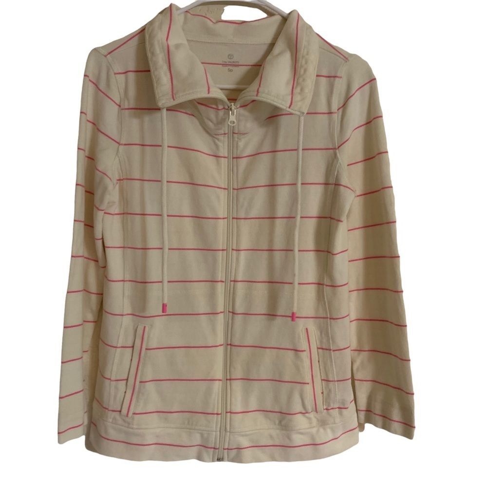 T by‎ Talbots Jacket Women SP Cream Pink Striped Full Zip Mock Neck Pockets
